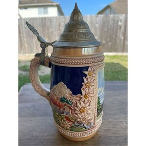 Vintage German Beer Stein Handmade Handpainted Pewter Lid Ramstein Pfalz Town